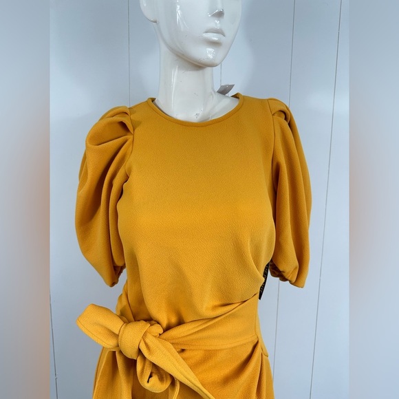 NWT New York & Company Yellow Sheath Dress Size Small Puff Sleeve Bow Detail - Picture 7 of 11